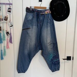 Desigual “Say Something Nice!” Denim Harem Pants. Rare Art Boho Style.